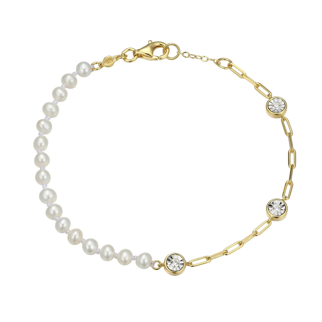 Gold Freshwater Baby Pearl & Lab-Created Diamond Station Paperclip Bracelet