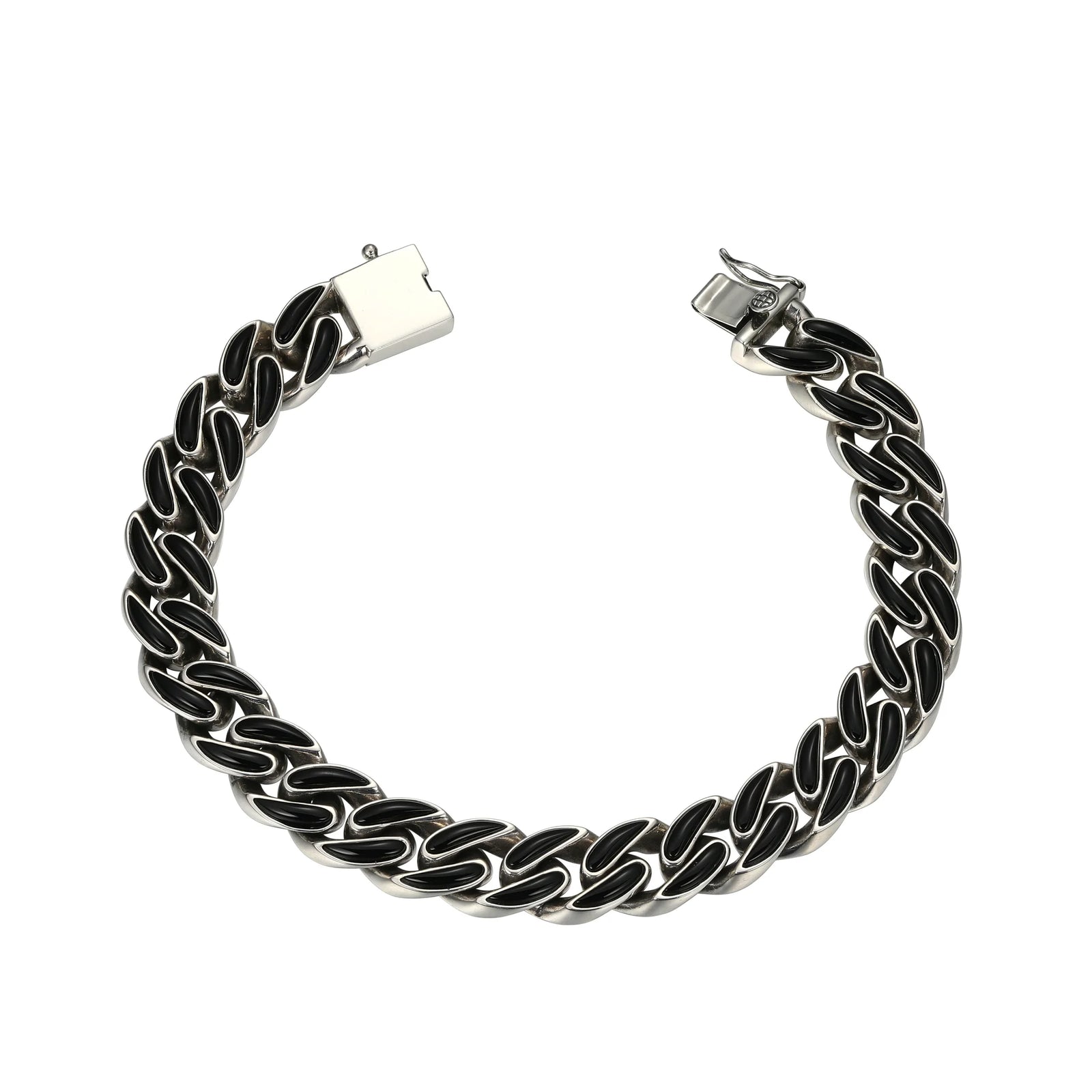 Silver chain bracelet with black accents on a white background