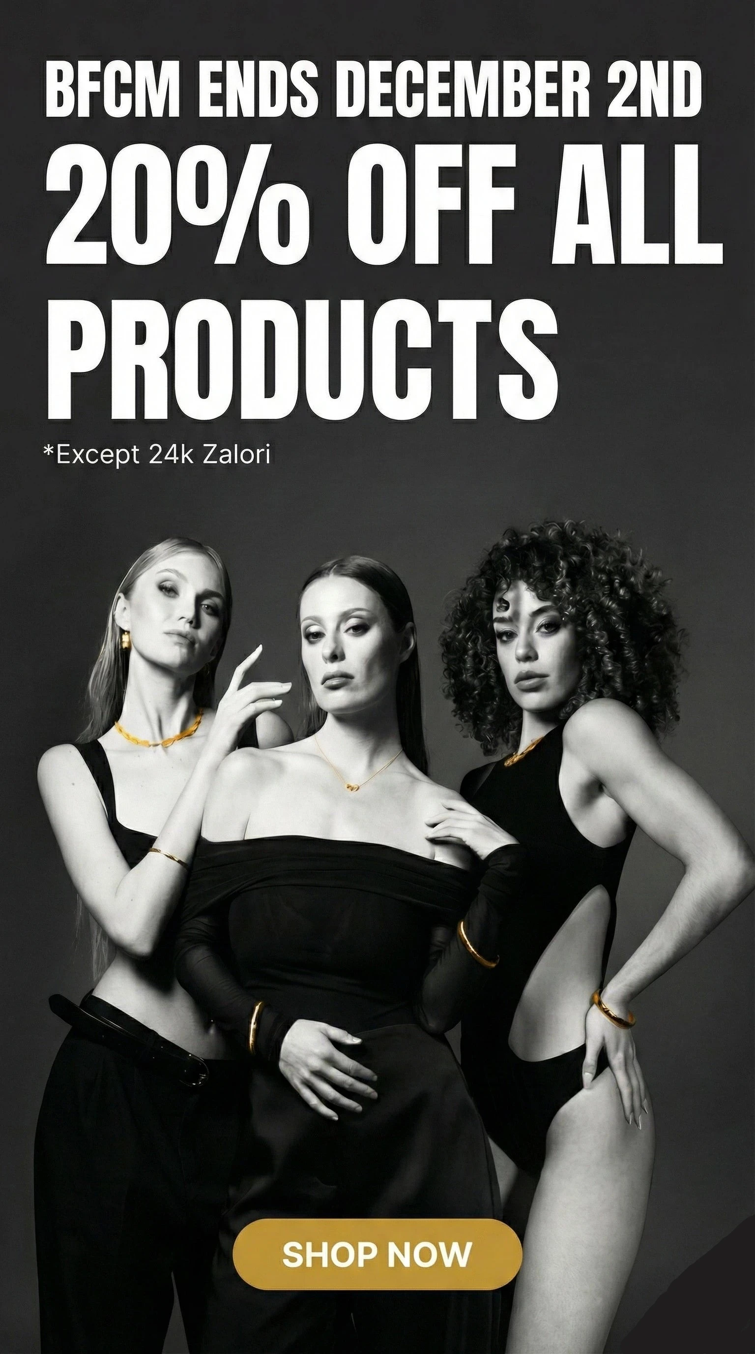 Promotional banner with three women in black outfits and a 'Shop Now' button on a dark background.
