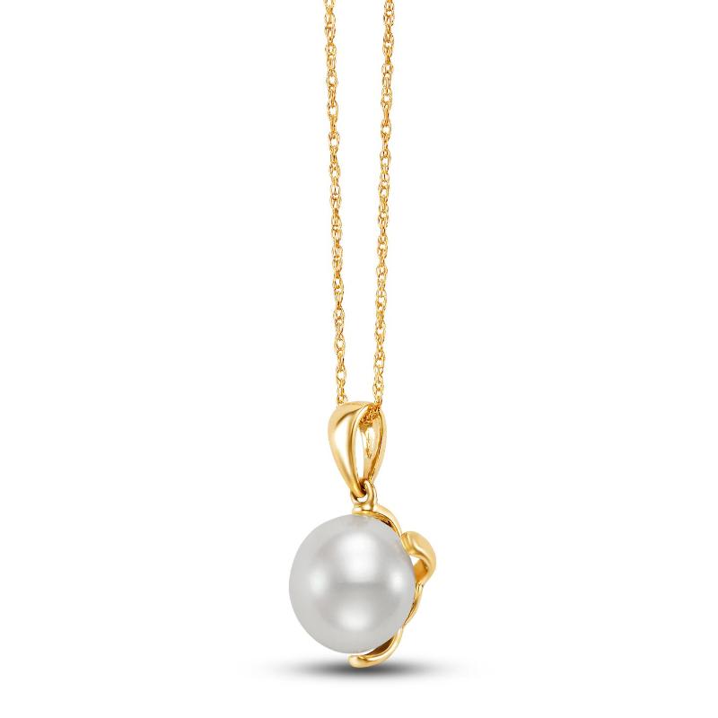 gold necklace with a pearl pendant held by three arm gold structure.