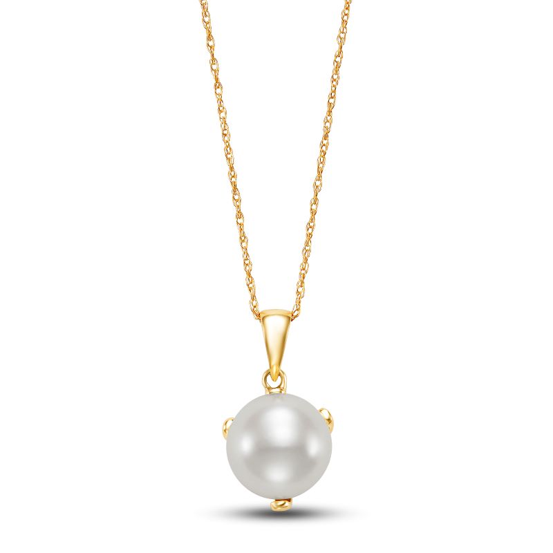 gold necklace with a pearl pendant held by three arm gold structure.