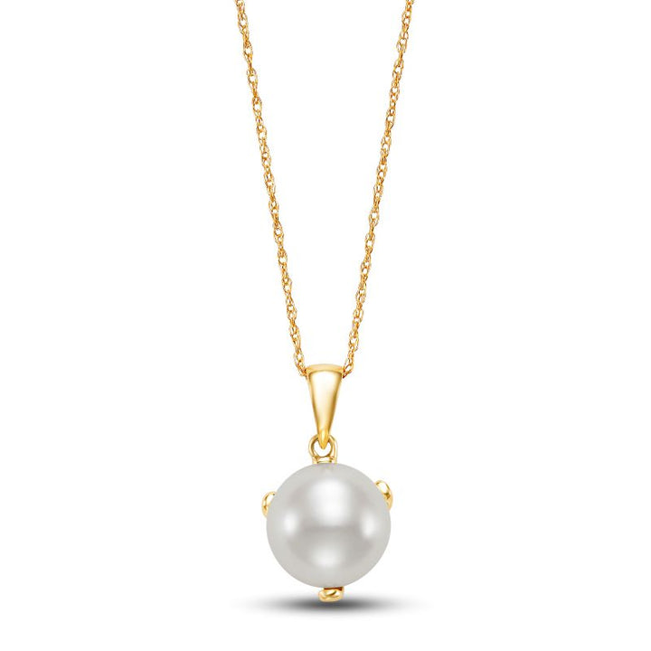 gold necklace with a pearl pendant held by three arm gold structure.
