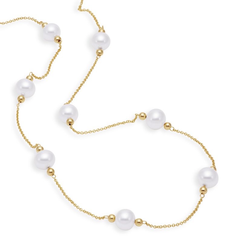 Gold necklace with pearls scattered around the gold chain