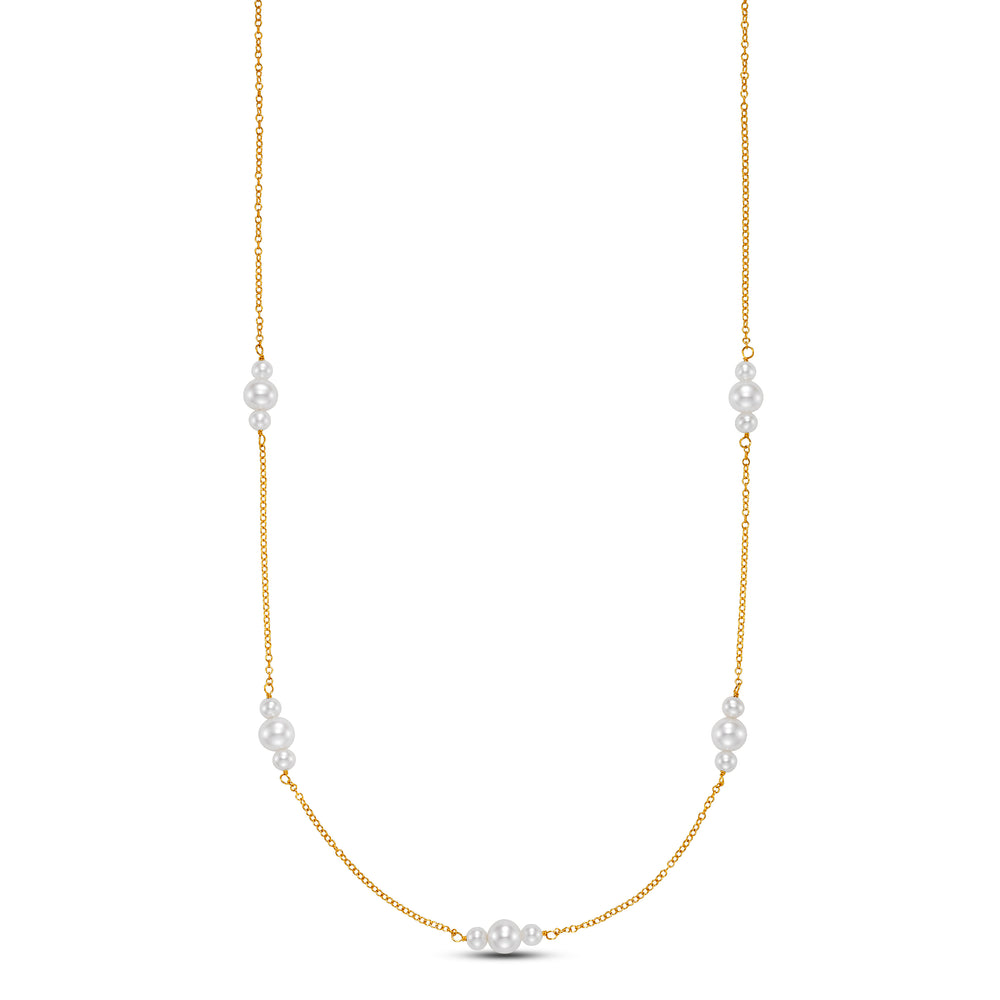 necklace with gold chain and 5 sets of three pearls along the chain