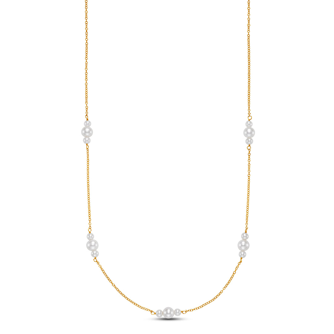 necklace with gold chain and 5 sets of three pearls along the chain