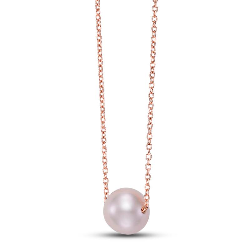Pearl necklace with rose gold chain on a white background