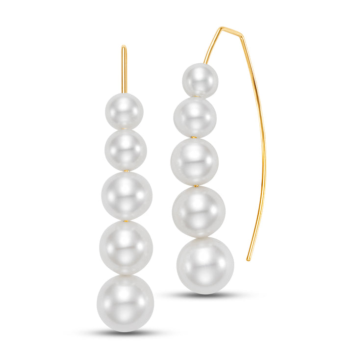 Pair of long gold earrings with five pearls along the gold string