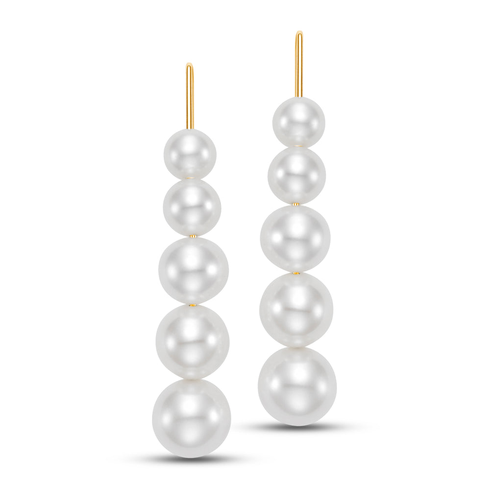 Pair of long gold earrings with five pearls along the gold string