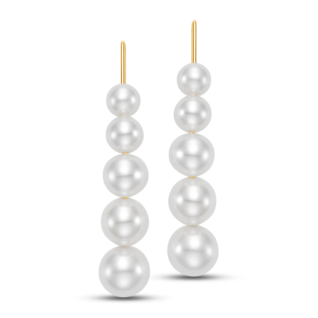 Pair of long gold earrings with five pearls along the gold string