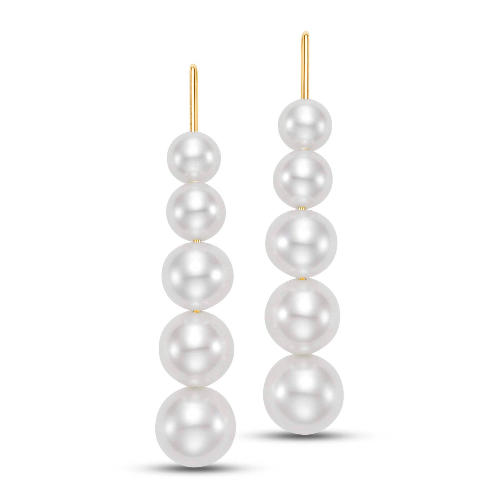Pair of long gold earrings with five pearls along the gold string
