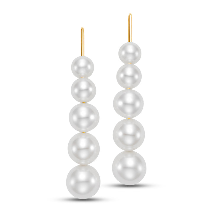 Pair of long gold earrings with five pearls along the gold string