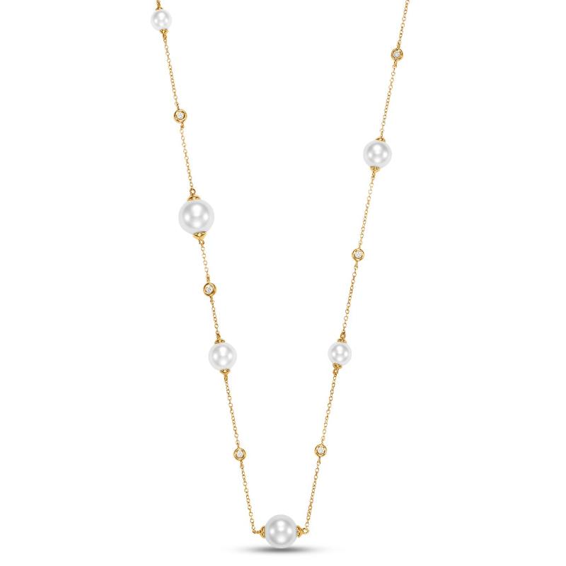 Gold necklace with pearls and diamonds scattered around the gold chain.