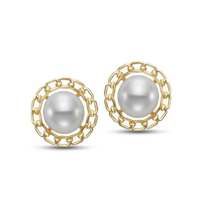 Front-facing view of a matching pair of gold stud earrings with luminous white pearls at the center, surrounded by a delicate gold chain-link border in a circular frame.