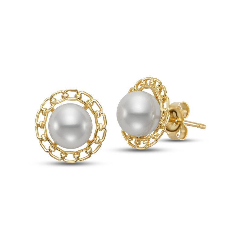 A pair of gold stud earrings each featuring a central white pearl encircled by an openwork gold chain-link design. One earring is displayed facing forward, while the other is angled to show the post and butterfly backing.
