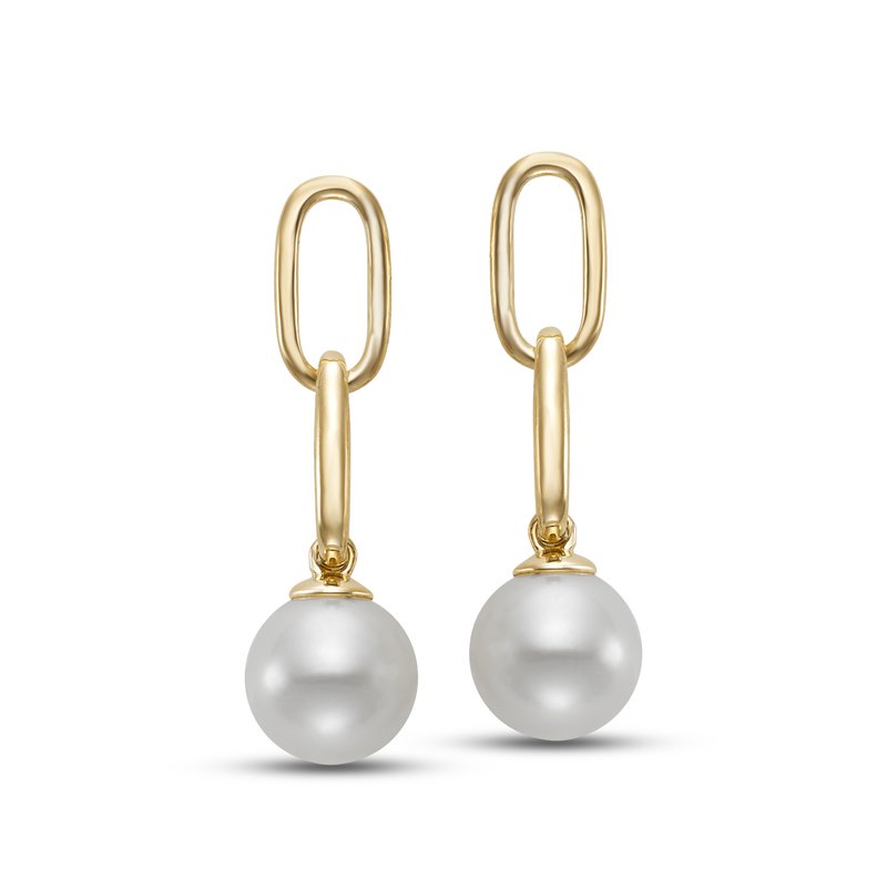 Pair of pearl earrings hanging from a short gold chain