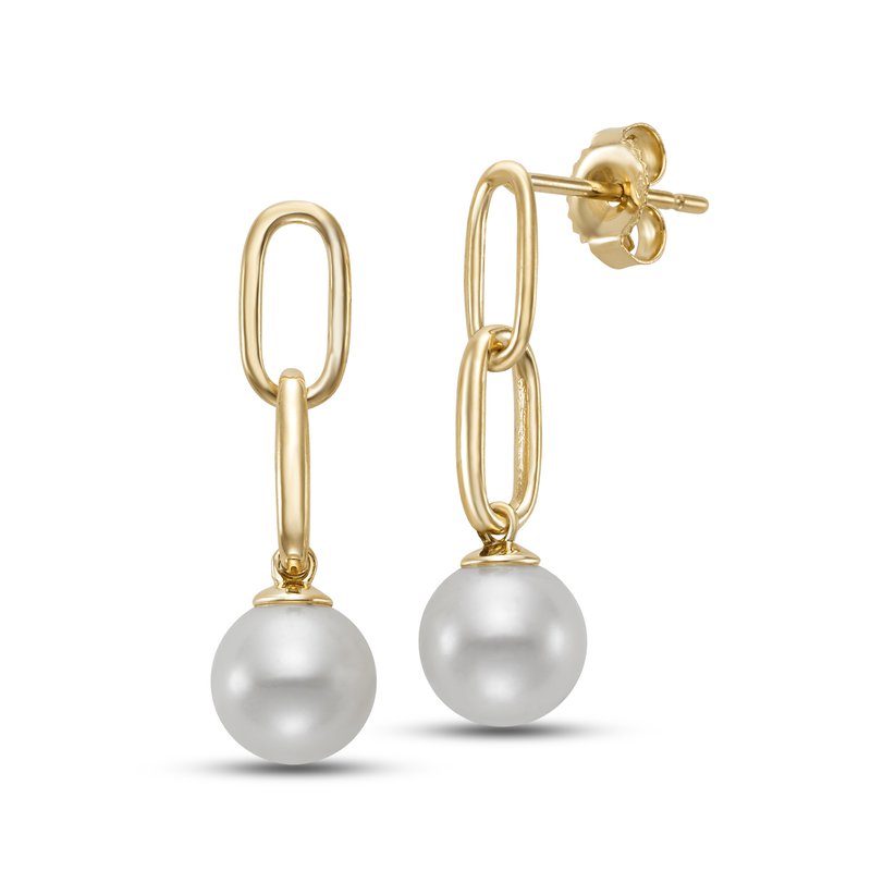 Pair of pearl earrings hanging from a short gold chain