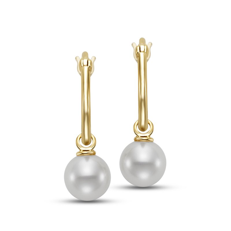 A pair of elegant gold hoop earrings each featuring a single white pearl drop suspended from a slim, polished gold hoop with a hinged closure.