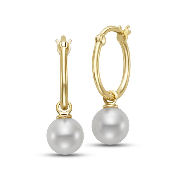 Two gold hoop earrings with white pearl drops; one earring shown in front view, the other in angled side view to display the open clasp mechanism and circular hoop design.