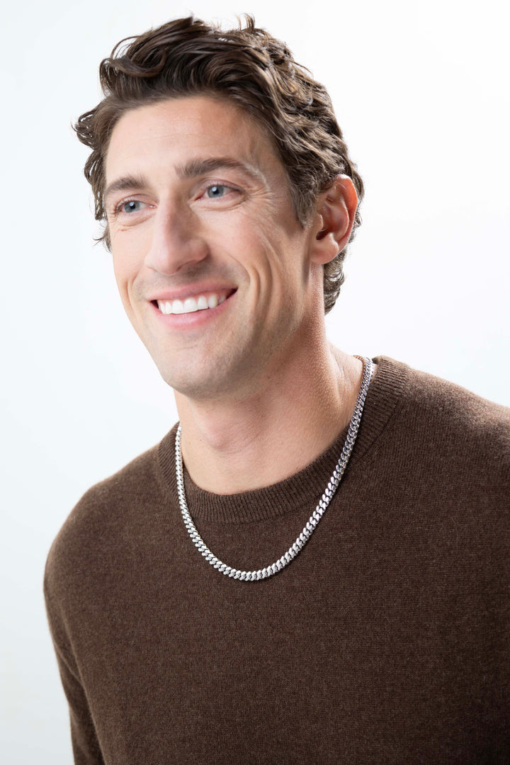 man wearing Italian Chain Rhodium Plated Oval Curb Necklace with Push Lock - 22"