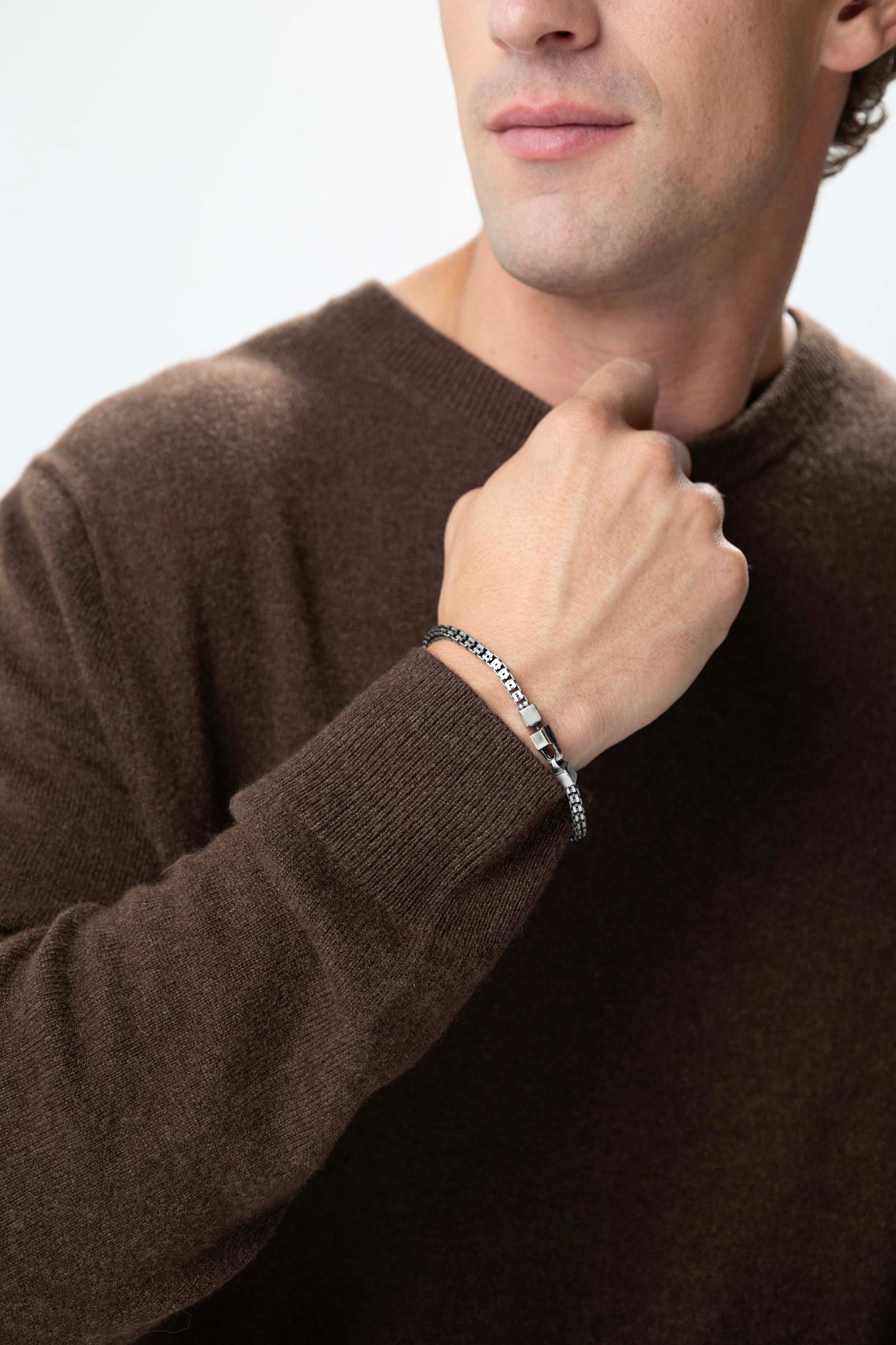 white man brown sweater wearing Italian Chain Sterling Silver Bracelet