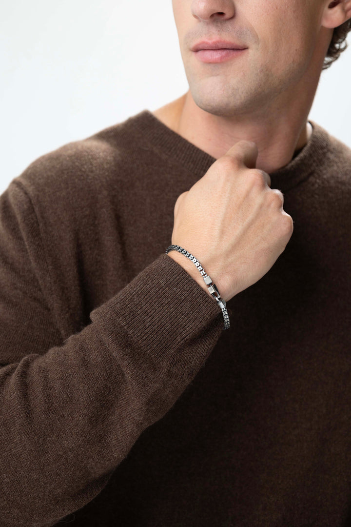 white man brown sweater wearing Italian Chain Sterling Silver Bracelet