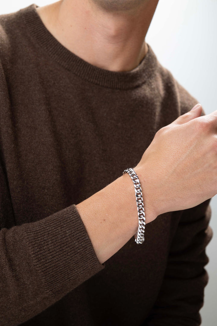 man wearing Links Gunmetal Rhodium Finish Sterling Silver Bracelet