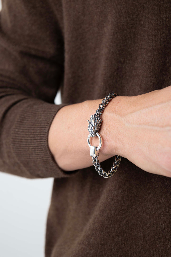  man wearing Dark Reign Oxidized Finish Sterling Silver Bracelet