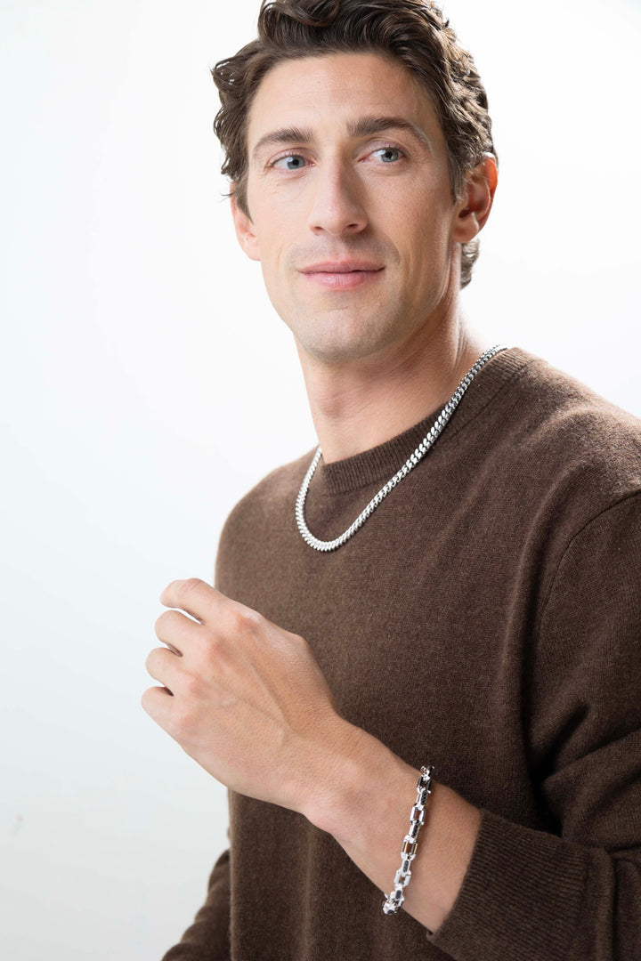 man wearing Links Gunmetal Rhodium Finish Sterling Silver Bracelet