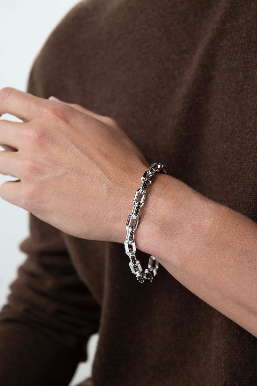 man wearing Links Gunmetal Rhodium Finish Sterling Silver Bracelet