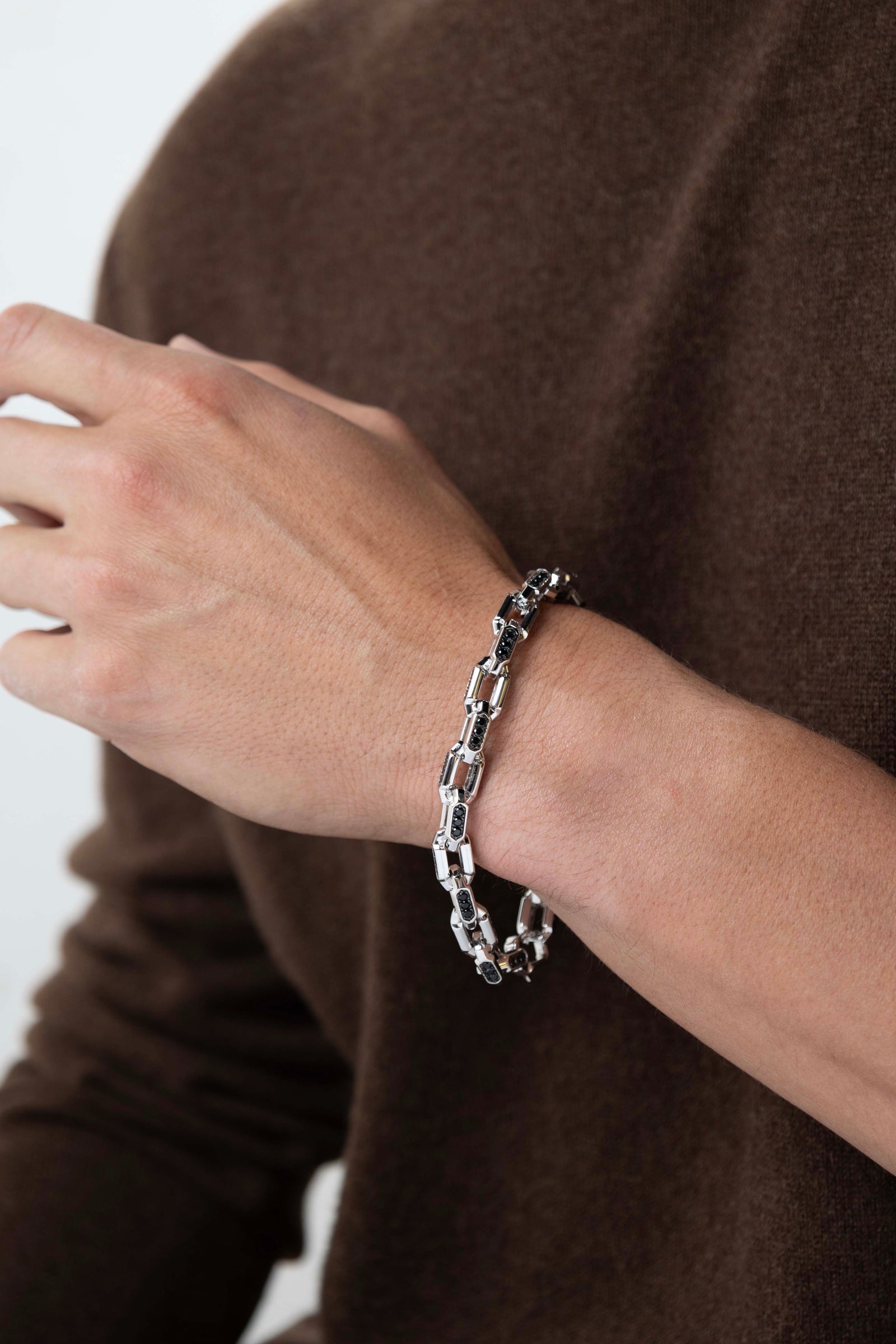 man wearing Links Gunmetal Rhodium Finish Sterling Silver Bracelet