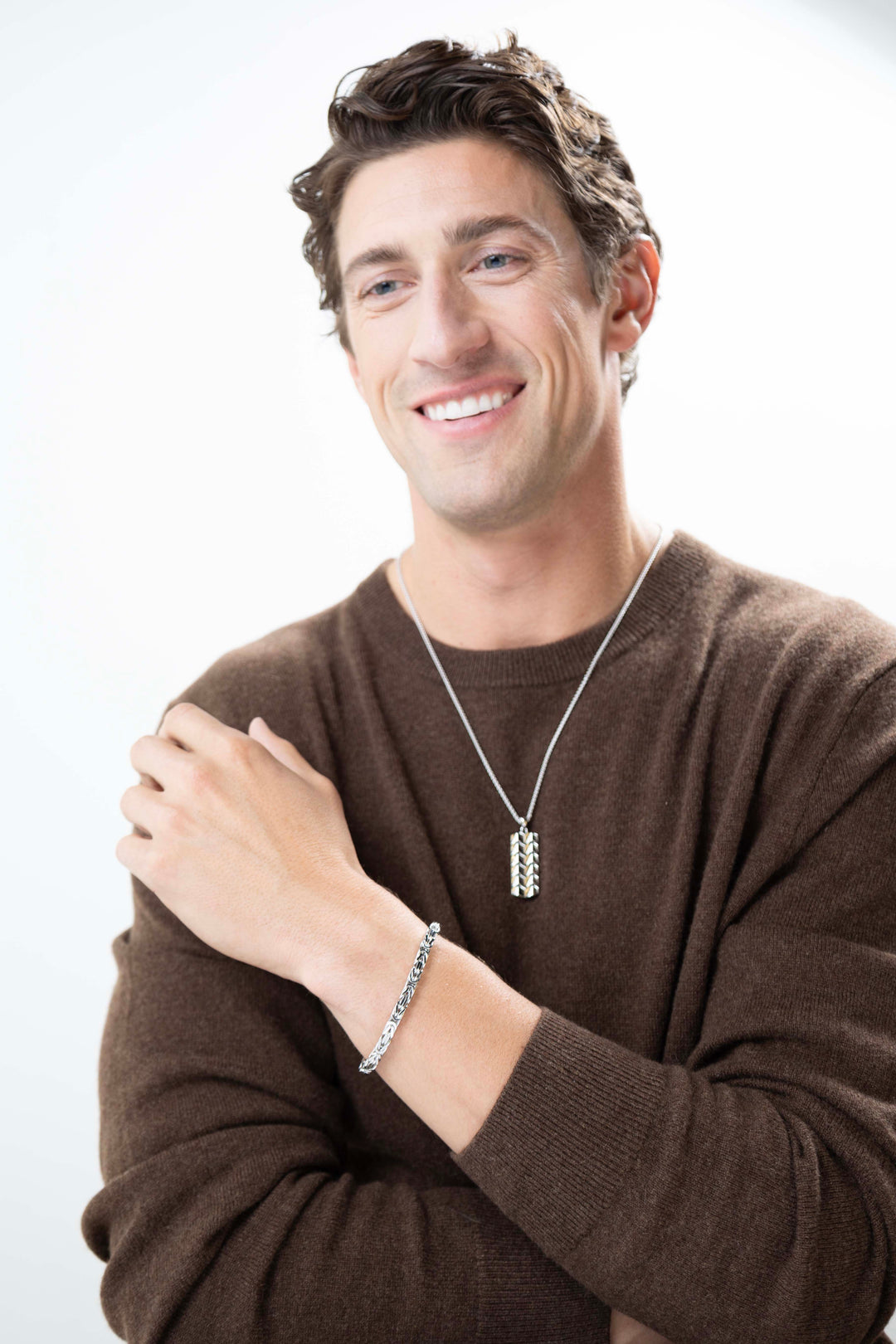 Chevron Rhodium Plated Sterling Silver Tag Necklace