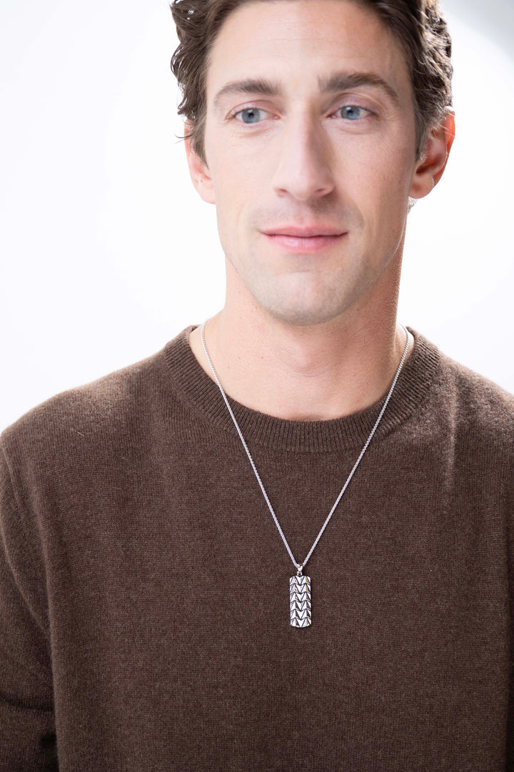 Chevron Rhodium Plated Sterling Silver Tag Necklace