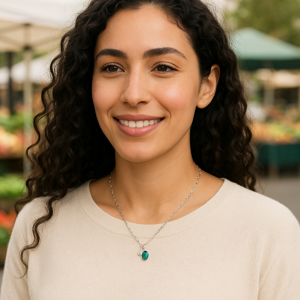 Silver May Birthstone Lab-Created Emerald & Lab-Created Diamond Mini Paperclip Necklace