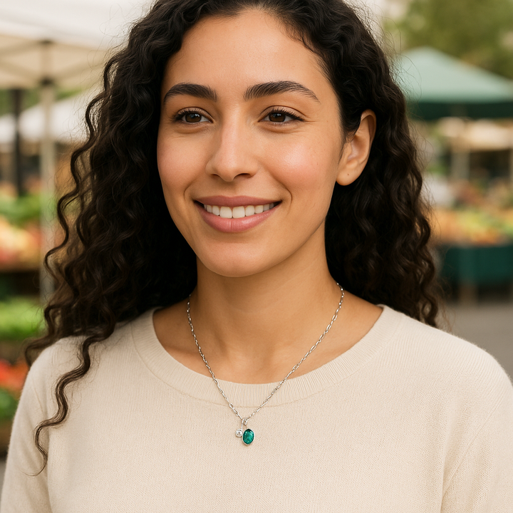 Silver May Birthstone Lab-Created Emerald & Lab-Created Diamond Mini Paperclip Necklace