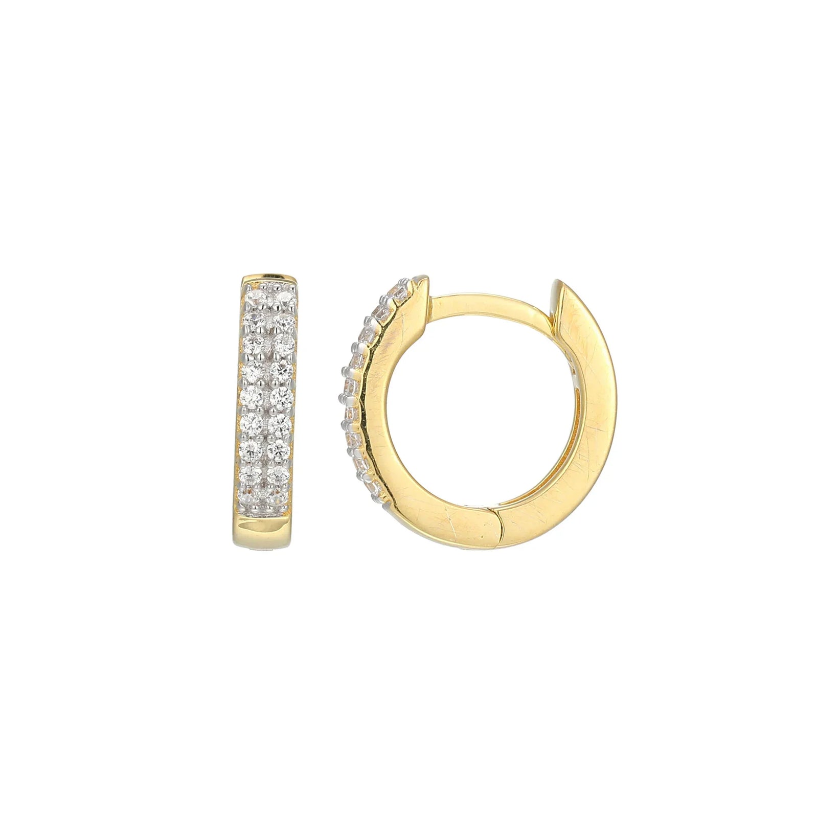 Gold hoop earrings with diamond accents on a white background