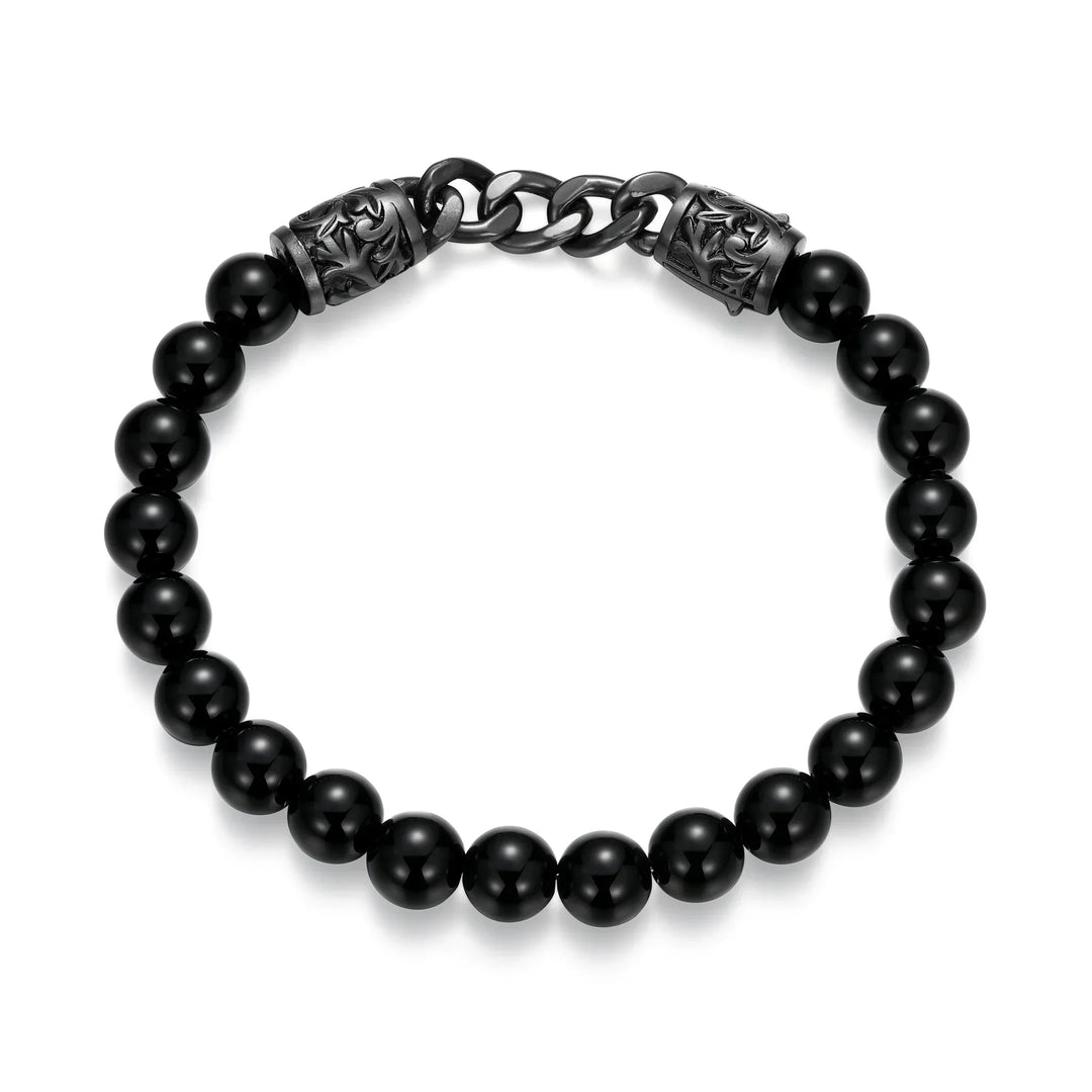 Dark Reign Chisel Rondelle Cuban Chain Black Agate Beaded Bracelet