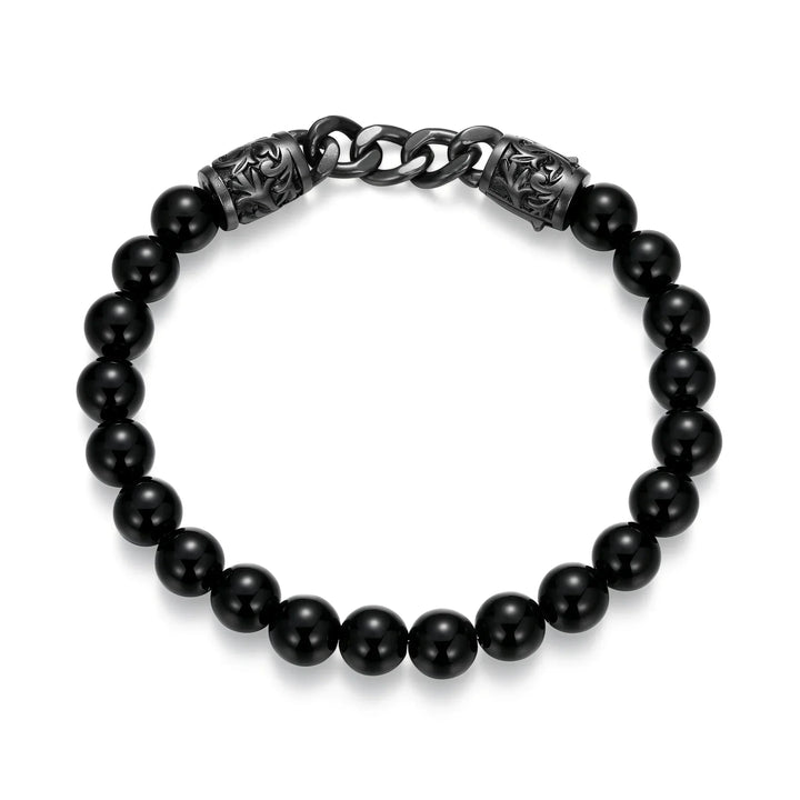 Dark Reign Chisel Rondelle Cuban Chain Black Agate Beaded Bracelet