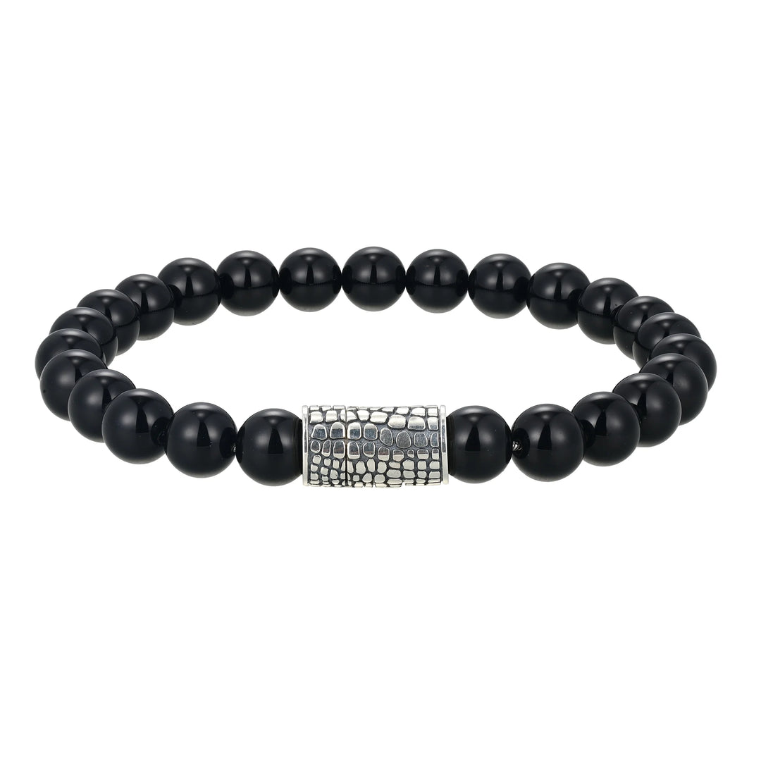 Black beaded bracelet with a silver clasp on a white background