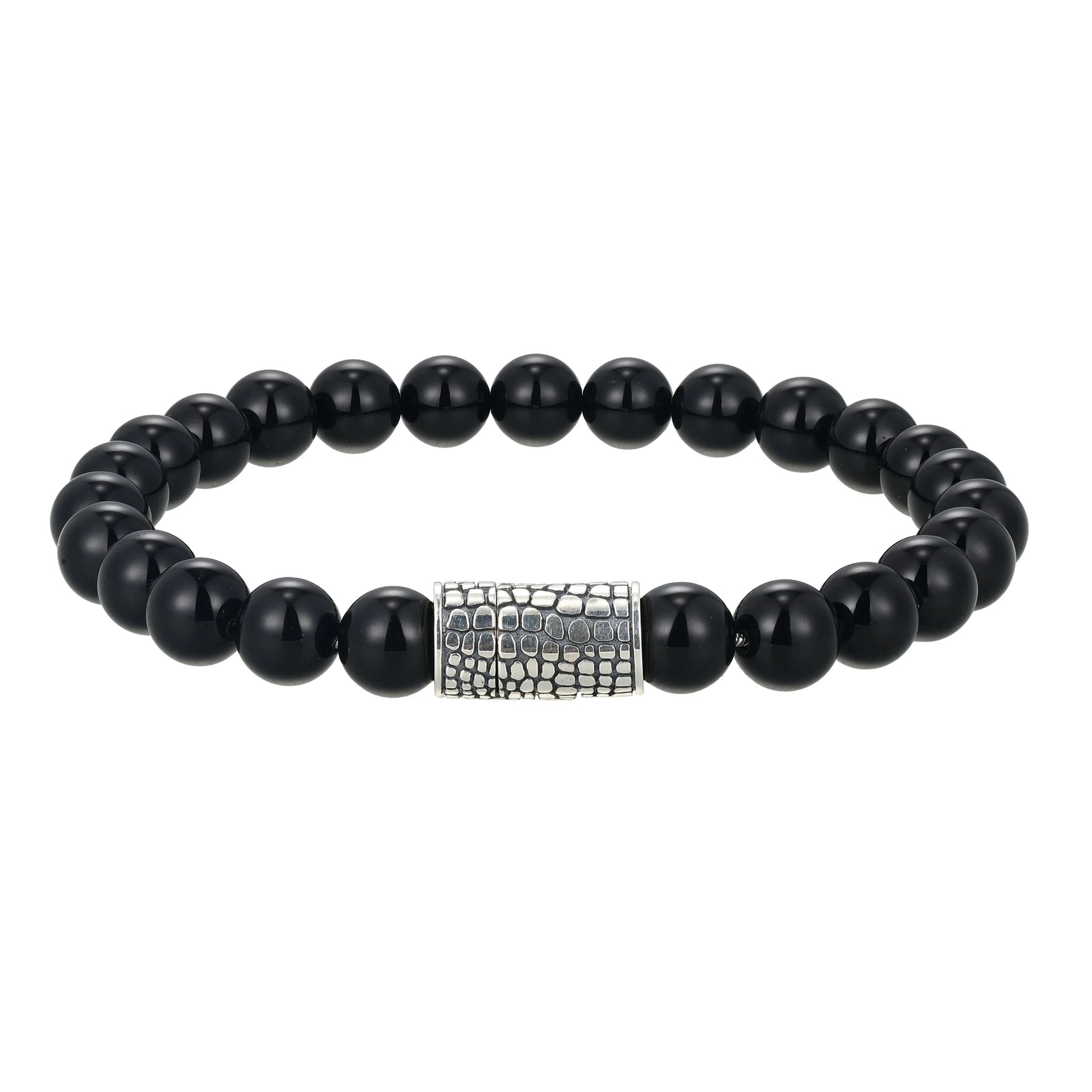 Black beaded bracelet with a silver clasp on a white background