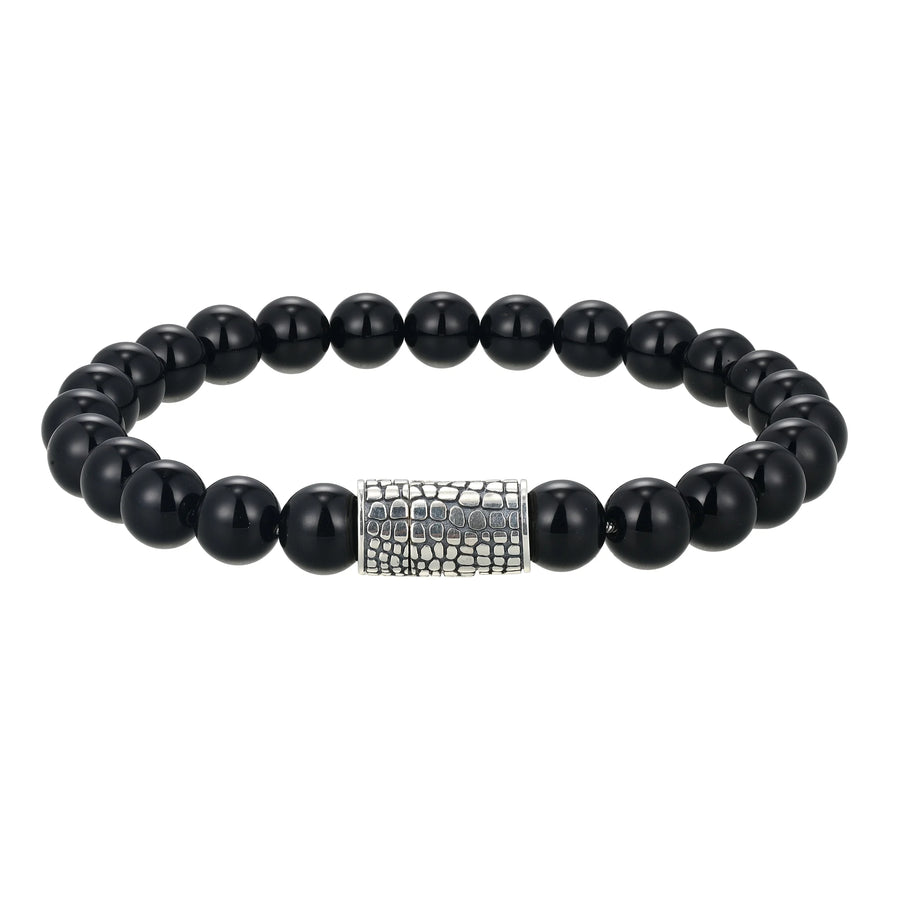 Black beaded bracelet with a silver clasp on a white background