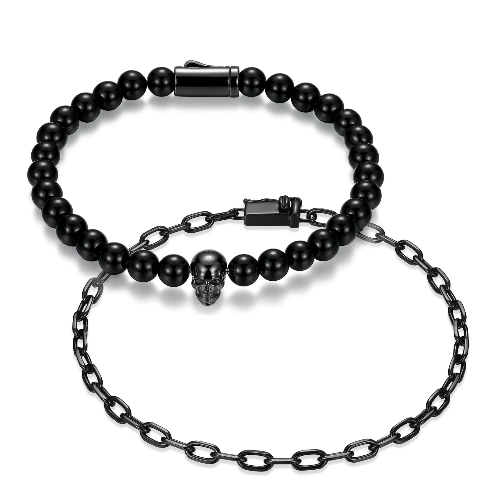 Black beaded bracelet with skull charm and chain on a white background