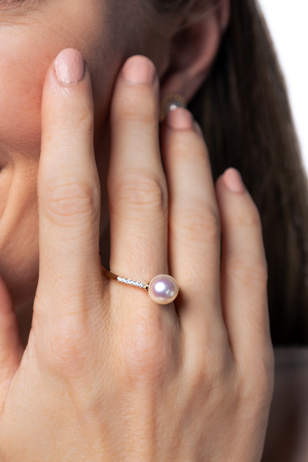 woman wearing 8-8.5mm Cultured Pearl Diamond Ring in 14K Yellow Gold