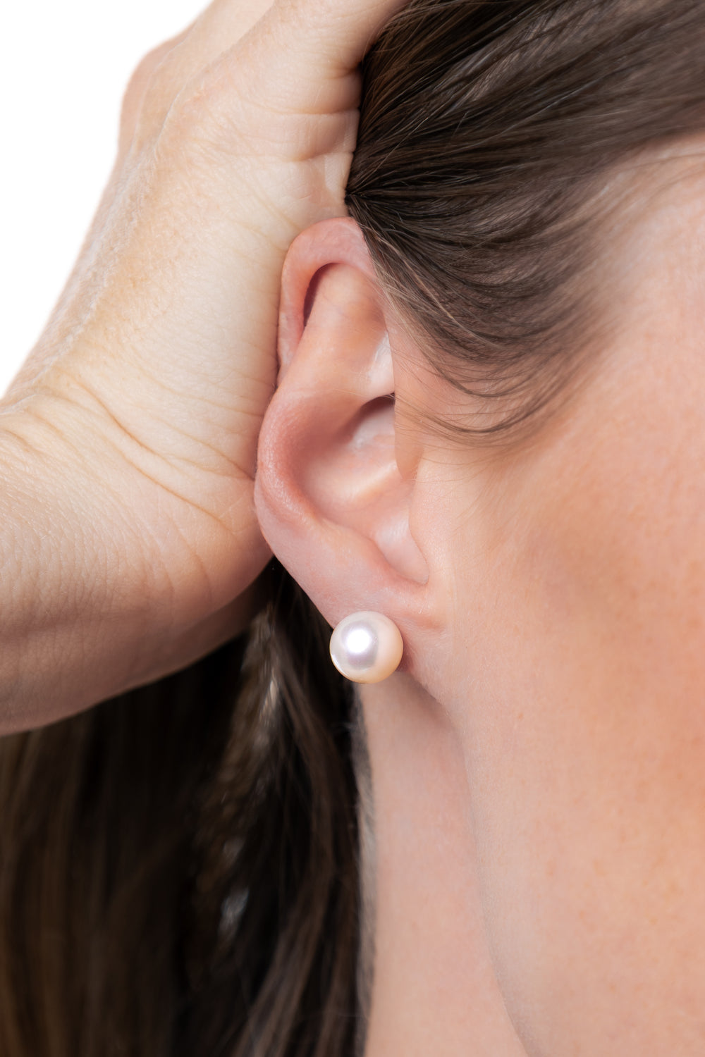 woman wearing 9.5-10mm Freshwater Pearl Earrings in 14K White Gold