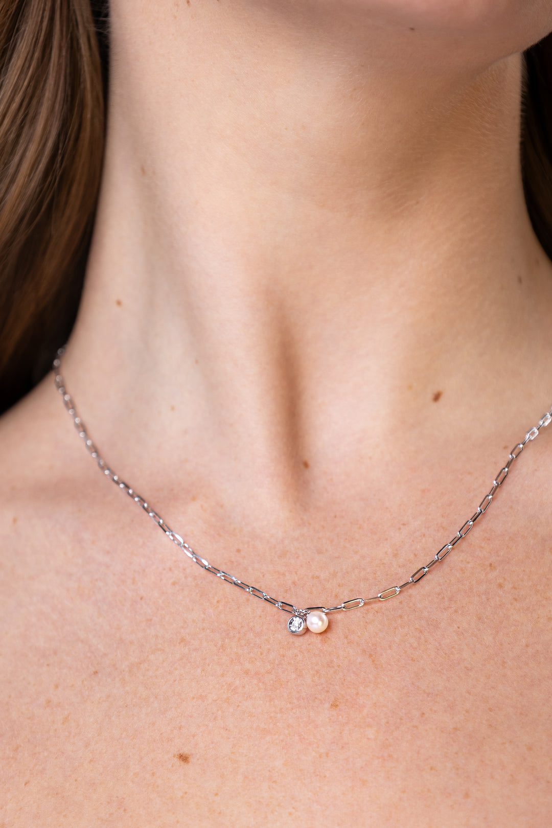 women wearing Silver June Birthstone Freshwater Pearl & Lab-Created Diamond Mini Paperclip Necklace