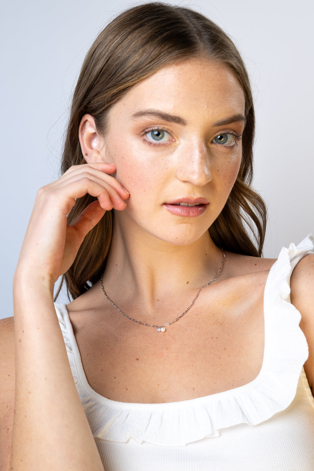 women wearing Silver June Birthstone Freshwater Pearl & Lab-Created Diamond Mini Paperclip Necklace