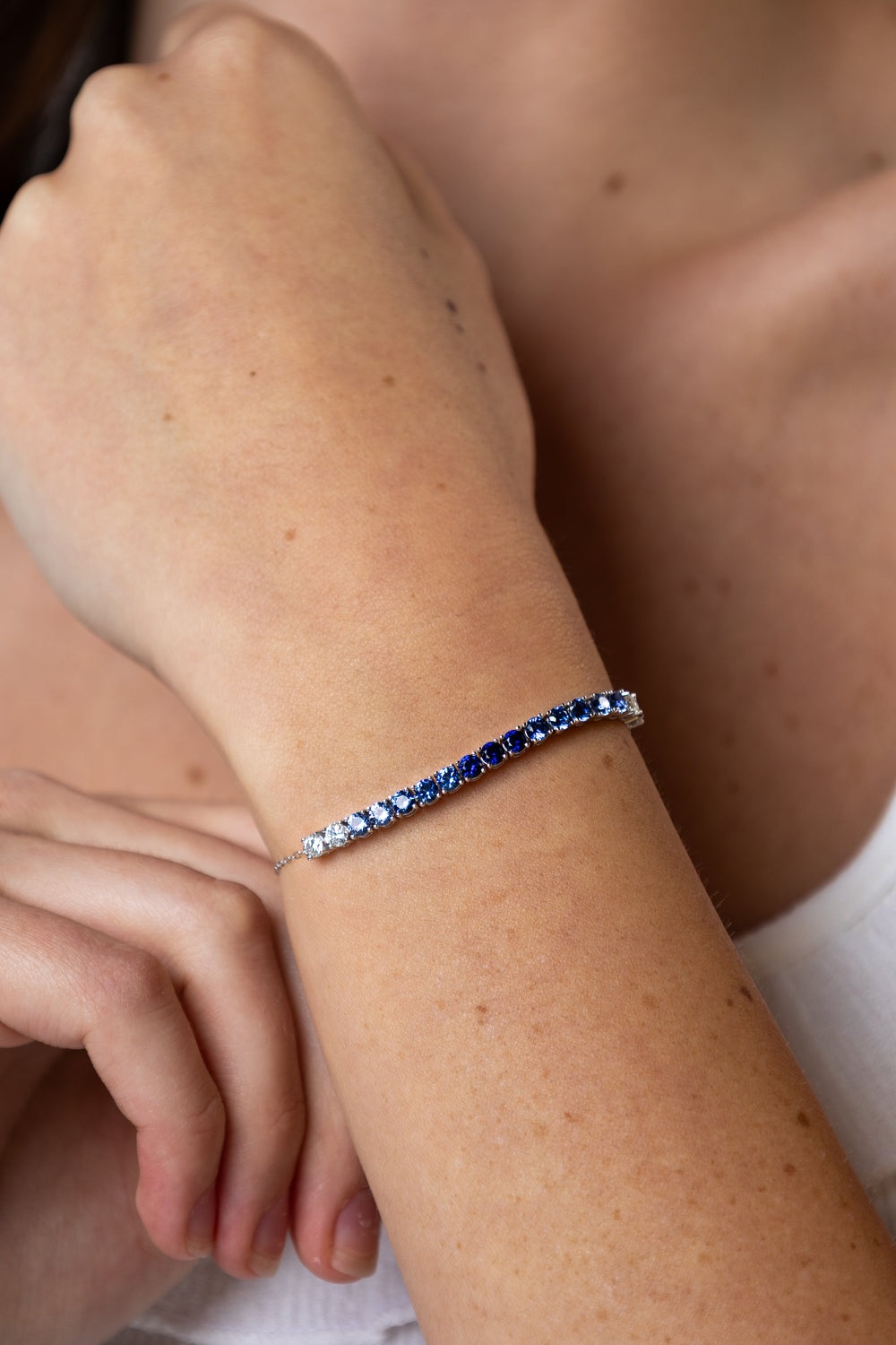 women wearing Silver Ombre Line Lab-Created Sapphire & Diamond Bolo Bracelet