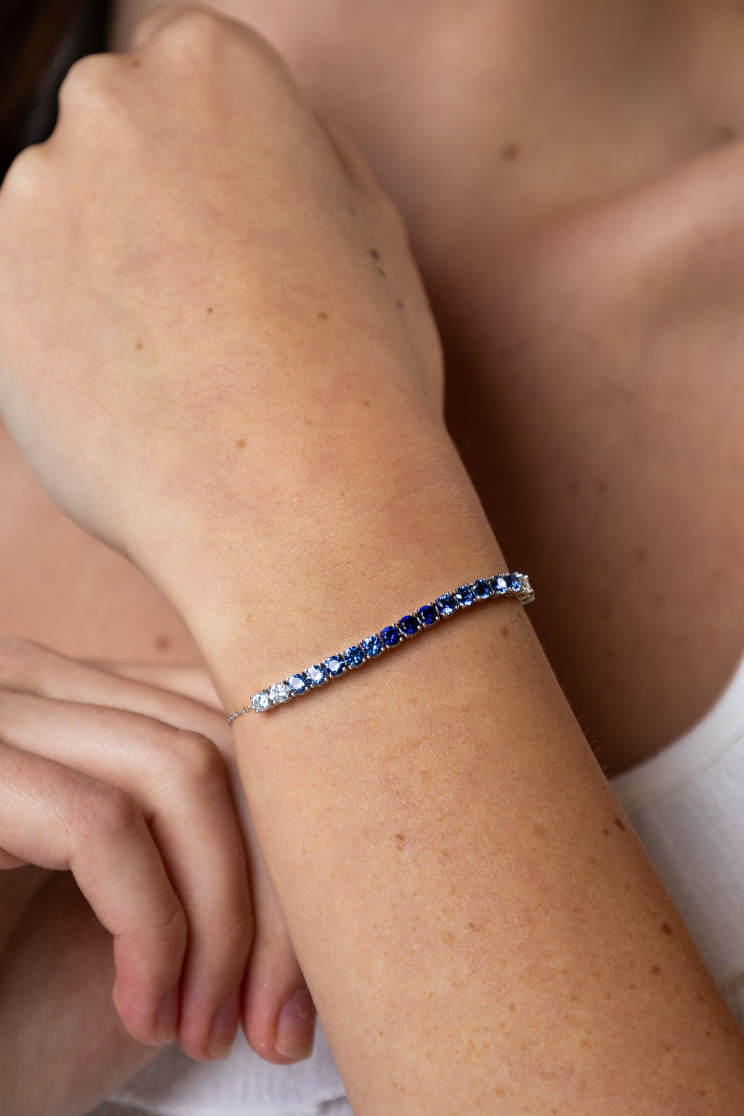 women wearing Silver Ombre Line Lab-Created Sapphire & Diamond Bolo Bracelet