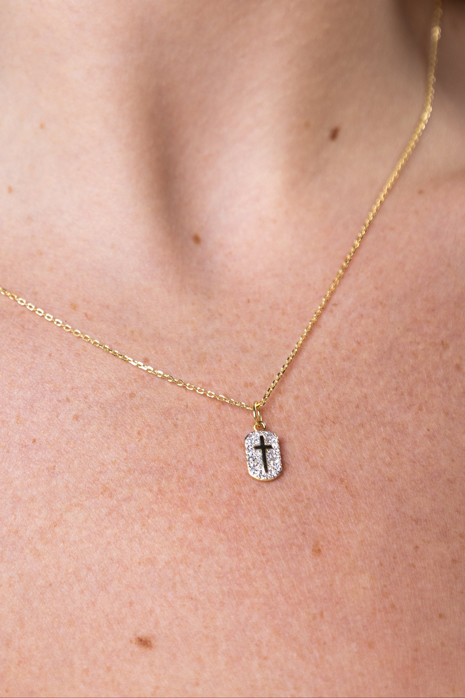 women wearing Gold Cross Tag Pendant Necklace