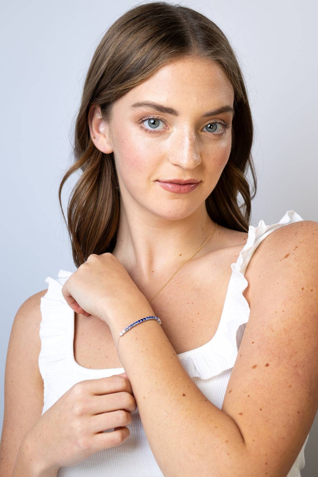women wearing Silver Ombre Line Lab-Created Sapphire & Diamond Bolo Bracelet