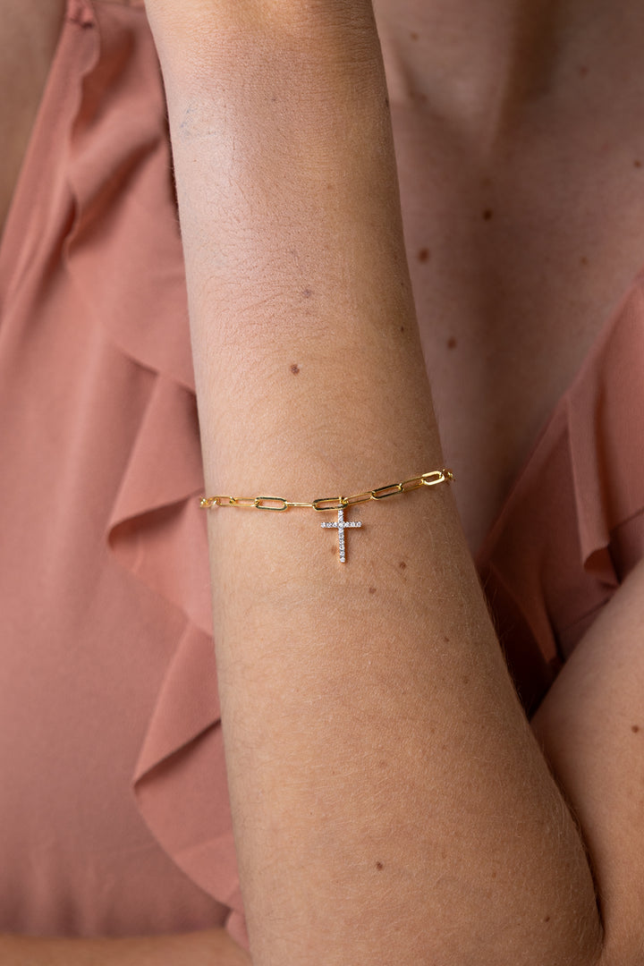 women wearing Gold Cross Pendant Lab-Created Diamond Paperclip Bracelet